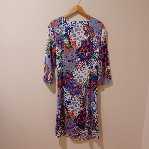 Tracy Negoshian Dolly Colorful Faux Wrap Ruched Dress 3/4 Sleeve XL Y2K Retro - Picture 5 of 8